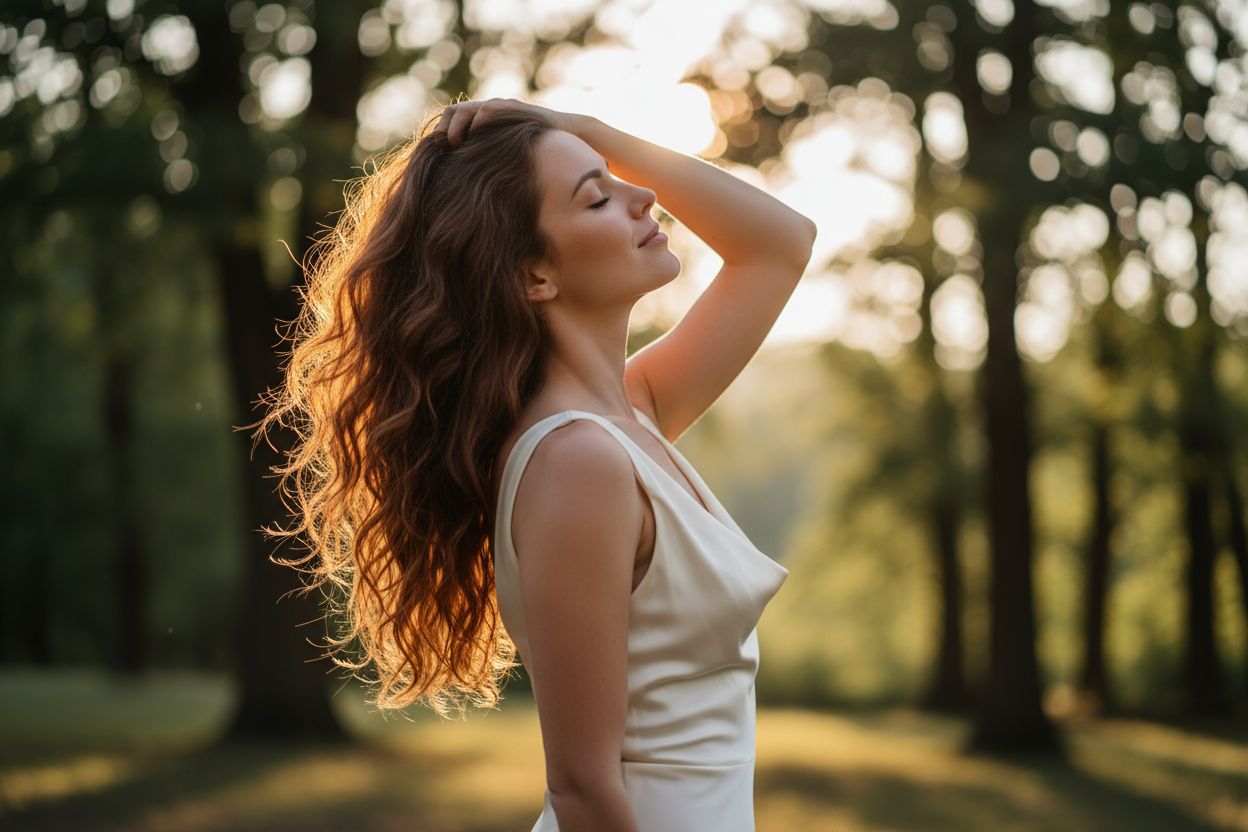 Frau die durch ihre haare eght 